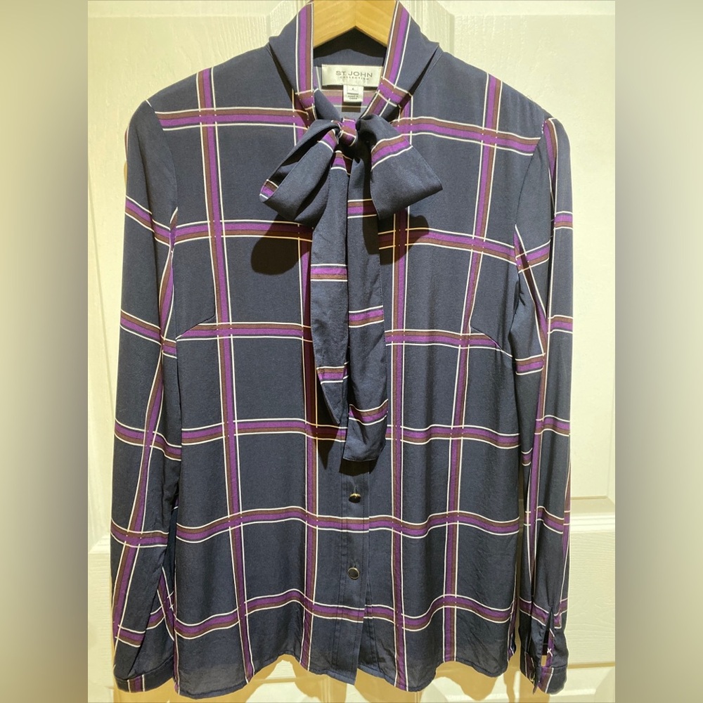 St. John Silk Pussybow Tie Neck Top Sz 4 Navy Purple Plaid Geek Secretary Retro